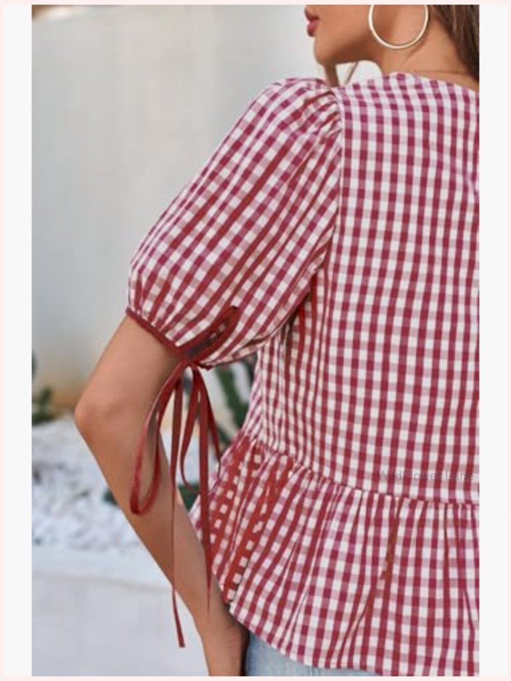 Womens Puff Sleeve Gingham Blouse Ruffle Peplum Babydoll Top Cotton Shirt - Picture 2 of 7